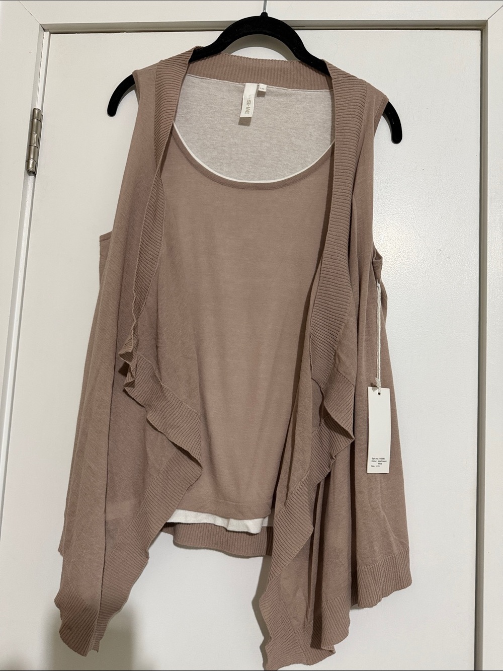 Si-IAES cotton  Ruffle Open-Front Knit Vest - Taupe size L